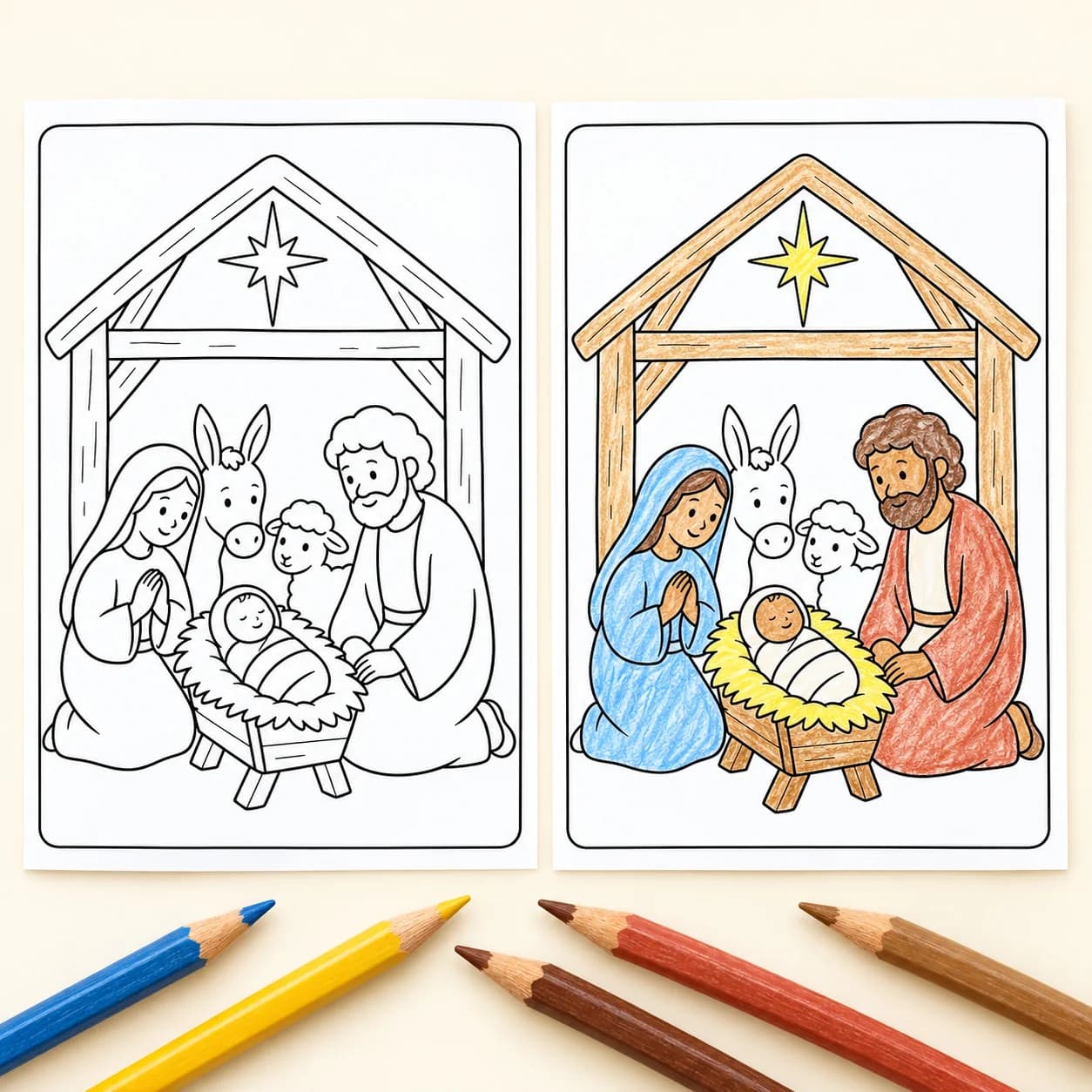 The nativity coloring page shown twice side by side, once in black and white and once colored in, with colored pencils below.